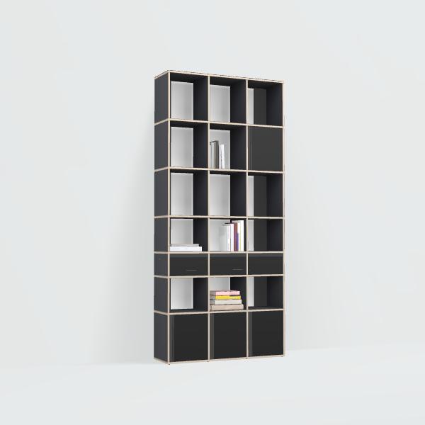Bookcase in Black with Doors and Drawers