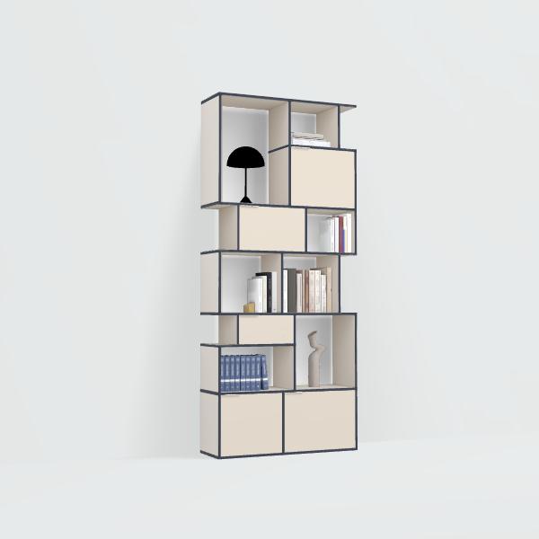 Bookcase in Sand and Blue with Doors and Drawers